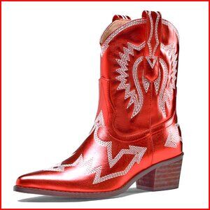 Women's Ankle Western Boots Embroidered Metallic Pointed Toe Chunky Heel